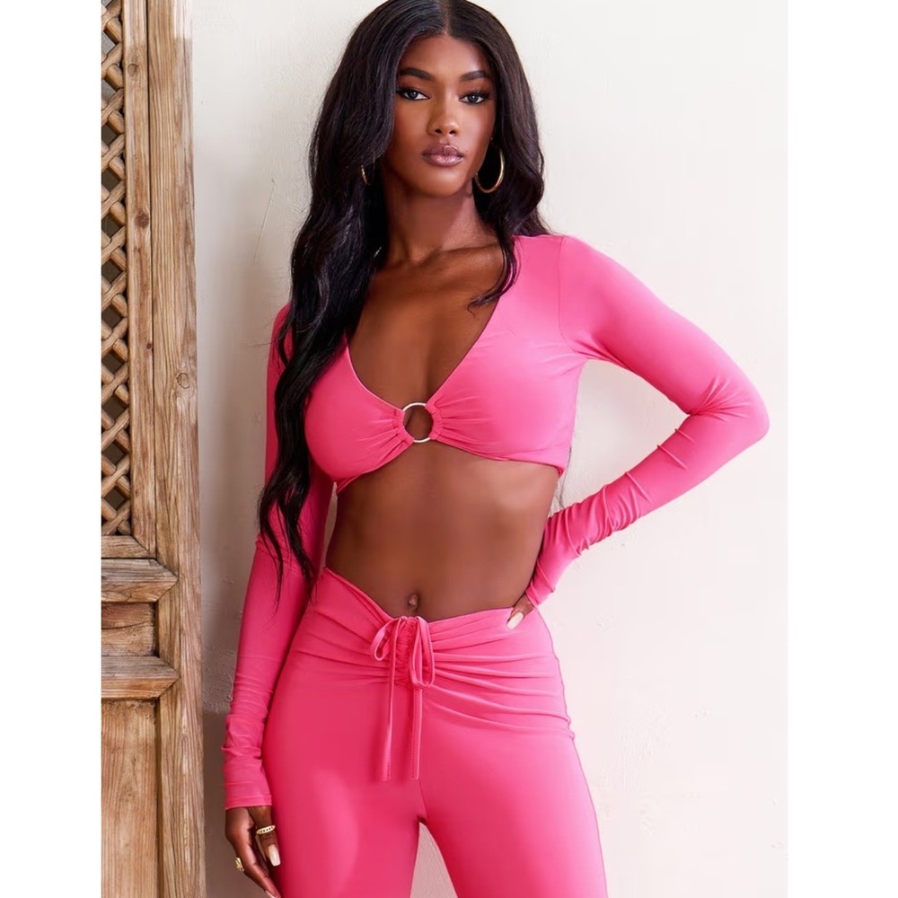 Club L London Pink Long Sleeve Crop Top O-Ring V-Neck Ruched Size US 10 UK 14